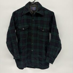 Vintage 60s Pendleton Green Plaid Wool Board Shirt Loop Collar USA 15 Small